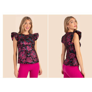 TRINA‎ TURK Blouse Women 10 Black High jewel neckline Davis Top Wide Cap NWT